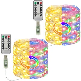 btfarm 2 Pack Fairy Lights USB Powered Color Changing, 39FT 120LED Twinkle Lights with Remote & 8 Modes, Timer String Lights Plug in for Bedroom Christmas Wedding Indoor Home, Warm White/Multi-Colored