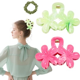 Flomiara 5PCS Flower Hair Clips for Women, Hawaiian Hair Claws Summer Travel Hair Accessories, Lateral Strong Hold, Printing Claw Clip Hairpin for Girls Women Thick Thin Hair, Pink, Cyan Green