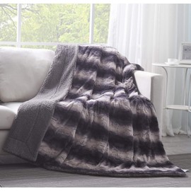 Tache Elegant Chic Plush Luxury Black Charcoal Grey Striped Throw Super Soft Warm Faux Fur with Grey Fleece Back Blanket - 50x60