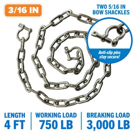 Stainless Steel Anchor Chain, Marine Grade Boat Accessories with Double Shackle Link Ends, 4 Ft Length, 3/16" Width for Boats