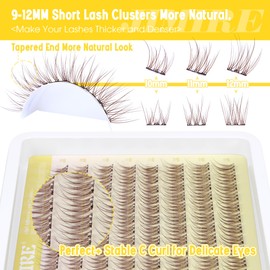 JIMIRE Brown Self-Adhesive Eyelashes - Press on Lash Clusters, Natural Look, Pre-Glued, Wispy 10-12MM Individual Lashes, Clear Band, Reusable Cluster Eyelash Extension