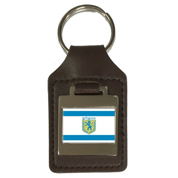 Jerusalem City Israel Flag Leather Keyring, silver