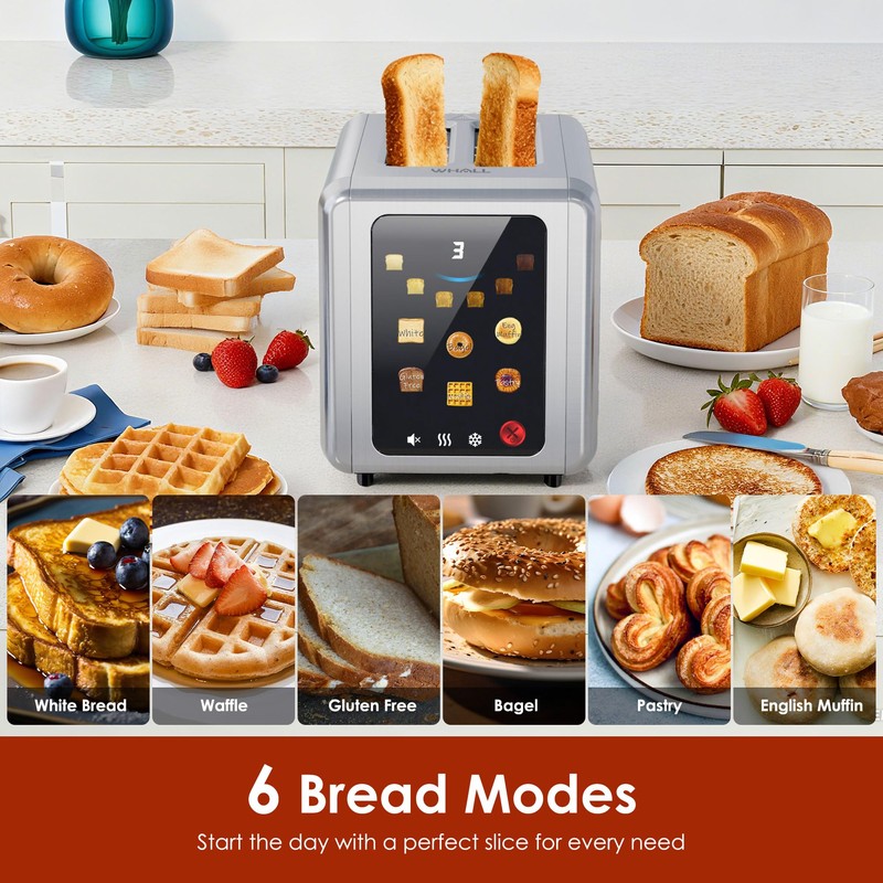 WHALL Full Touch Screen Toaster 2 Slice, 1.5'' Wide Slot