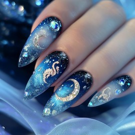 24Pcs Moon Press ons Fingernails Starry Sky Gel Glue on Acrylic Fake Nails Milky Way Press on Nails Glossy Blue Gradient Medium Almond False Nail Sea Horse Stick on Nail for Holiday Manicure Art