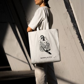 Loxato Printed Fabric Bag, Cotton Bag, 100% W 35 x H 42 x D 8 cm, Canvas Fabric Carry Bag 220 g/m², Jute Bag, Shopping Bag, Long Handle, 70 cm Shopping Bag, Simplicity Sitting Girl, L