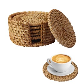 6-Pack Handmade Rattan Coasters with Holder, Modern Farmhouse and Boho Woven Drink Coasters for Kitchen, Coffee Table Decor, Heat-Resistant Reusable