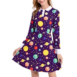 AXUIOKRY Miss Frizzle Costume Women Teacher Costume Science Magic School Bus Dress Purple Galaxy Space Planet Dress AX02-3-L
