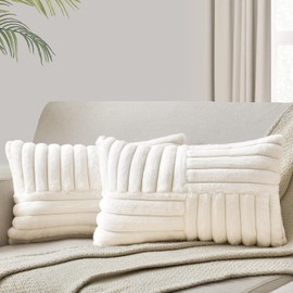 Foindtower Pack of 2, Faux Fur Plush Decorative Throw Pillow Covers Soft Fluffy Lumbar Cushion Case Cozy Fuzzy Striped Pillowcase Home Decor for Sofa Couch Living Room Bedroom 12x20 Inch, Cream White