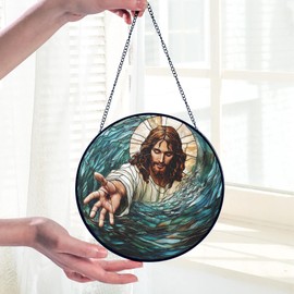 Christian Gifts for Women Faith Window Hanging Suncatcher Stained Glass, The Hand Of God Jesus Reaching Into Water Faith Home Decorations Jesus Gifts for Women of God Christmas Religious Catholic Gift