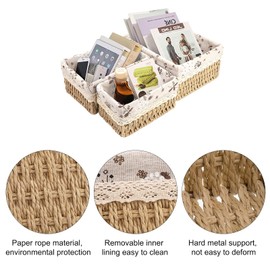 Storage Baskets Paper Rope Storage Boxes with Removable Linen Multifunctional Organiser Box for Children's Room, Kitchen, Bathroom, Living Room, Set of 3
