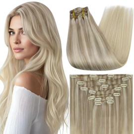 Full Shine Clip in Hair Extensions Real Human Hair Ash Blonde Highlights Platinum Blonde Natural Hair Clip in Extensions Double Weft Soft Straight Remy Brazilian Hair 7 Pcs 20 Inch