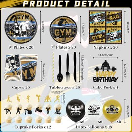 KEFAN Gym Party Decorations, Gym Birthday Party Supplies Packs, Weight Lifting Sports Fitness Party Supplies including HAPPY BIRTHDAY Banner, Plates, Napkins, Tablecloths, Tableware, Balloons, Gym Party Set Serves 20 (Banner)