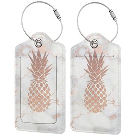 Faux Rose Gold Foil Pineapple on Pink Marble Luggage Tag with Full Back Privacy Name ID Card Stainless Steel Loop Suitcase Labels Identifiers PU Leather Baggage for Women Men Kids Girls Travel (1pcs)