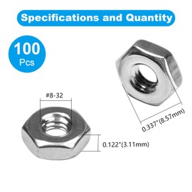 Yinpecly 100pcs #8-32 Hex Nuts, 304 Stainless Steel,Coarse Thread Hexagon Nut,Hex Drive, UNC Small Nuts Fasteners,8-32 Replacement Nut, Right Hand,Tiny