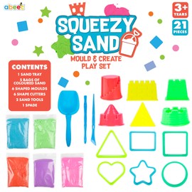 abeec Play Sand for Indoor and Outdoor Play, Colourful Play Sand For Kids, Create Amazing Sand Art, 21pc Set with x 5 Colour Sand, Moulds, Spade and Cutters for Endless Creative Fun For Boys and Girls