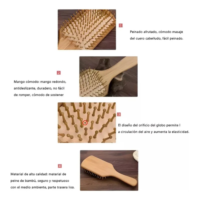 Kit De Cepillo Y Peine De Bambú Anti Frizz, 6