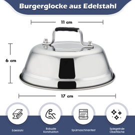 Herogo Burger Bell, Pack of 2 Stainless Steel Burger Lids with Plastic Handle, Burger Caps for Grill, Kitchen, Steak, Cheese, Grill & Teppanyaki, Durable & Dishwasher Safe, 17 x 6 cm (Round)