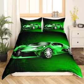 Feelyou Sports Car Duvet Cover Set Green Race Car Bedding Set for Kids Boys Girls Extreme Sports Comforter Cover Cool Speed Luxury Car Decor Quilt Cover Room 3Pcs Full Size,Zipper