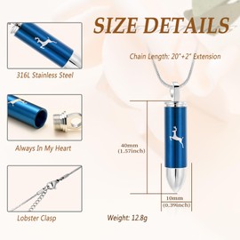 Deer Bullet Cremation Urn Necklace for Ashes Stainless Steel Memorial Cremation Jewelry for Loved One's Ashes Pendant(Blue)