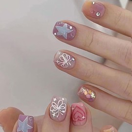 Short Press on Nails Square Fake NailsAcrylic Nails Press ons Full Cover False Nails with Butterfly Rhinestone Designs Acrylic Glitter Nails Glossy Glue on Nails Stick on Nails for Women