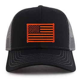 Armycrew XXL Oversized Black Orange American Flag Patch 2 Tone Mesh Back Trucker Cap - Black Charcoal - 2XL