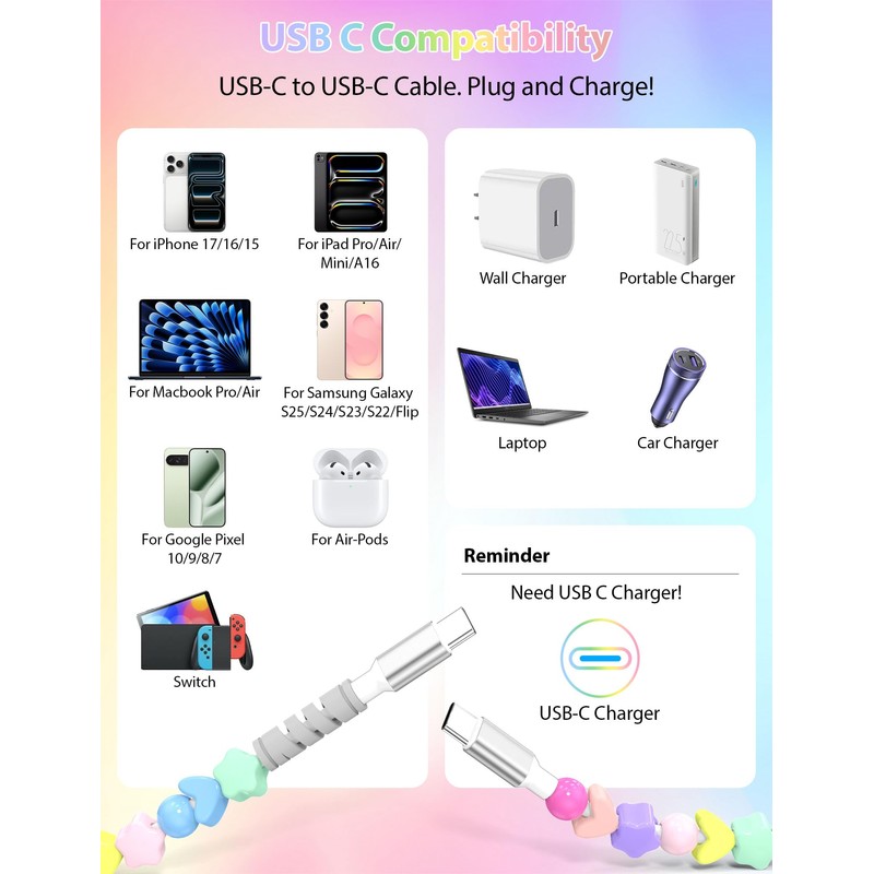 Jiunai Beaded Phone Charger 60W Charge 6ft Cute Heart Star