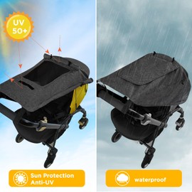 WD&CD Awning Pram with UV Protection 50+ and Waterproof, Double Layer Fabric with Viewing Window and Extra Wide Shade Wings, Dark Grey