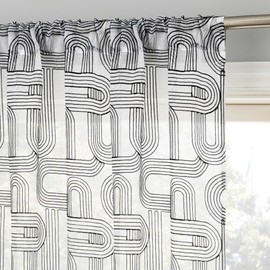 No. 918 Kaz Embroidered Retro Curves Sheer Rod Pocket Curtain Panel, 50" x 84", Black/White
