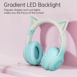 RGB Light Cat Ear Headphone, Foldable 3.5mm Wired Wireless BT Gaming Headset with Detachable Mic, Adjust Headband, Soft Over Ear Music Headset for Girls, Gifts (Green)