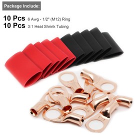 TKDMR TKDMR 10pcs 6 AWG-1/2 Battery Lugs,Heavy Duty Wire Lugs,Ring Terminals,Battery Cable Ends,0 Guage terminals,Battery Terminal Connectors with 10pcs 3:1 Heat Shrink Tubing