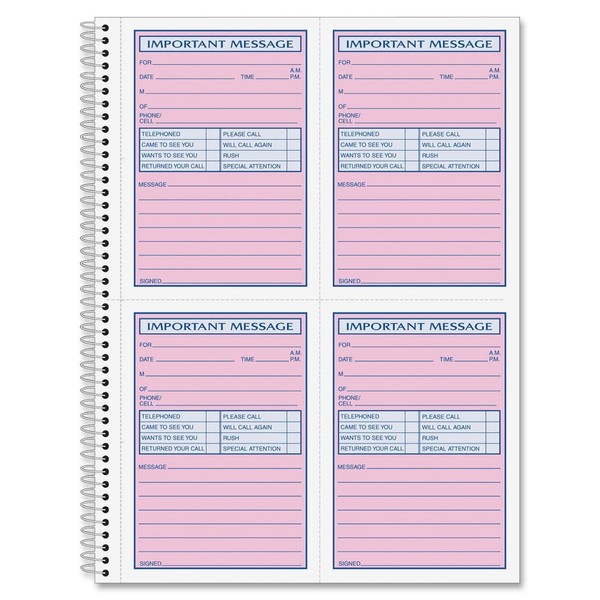 Adams Spiral Bound Phone Message Book, Carbonless Duplicate, 4 Messages per Page, 200 Sets per Book (SC1184D)