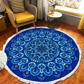 Terafeels Washable Rug Small Round Rug 3' Boho Blue Bathroom Rug with Washable Mandala Circle Mat Soft Non-Slip Cute Circular Throw Rug for Sink Powder Room Kids Room Nursery Entryway 90 cm, 298090