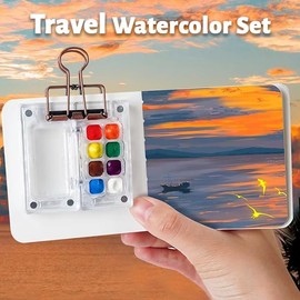 Mini Portable Watercolor Palette Set-Grid Paint Box with Binder Clips Include Paint - Brush*3 and Picture Album Art Materials Coloring Markers (S-Walnut, Yellow Book)