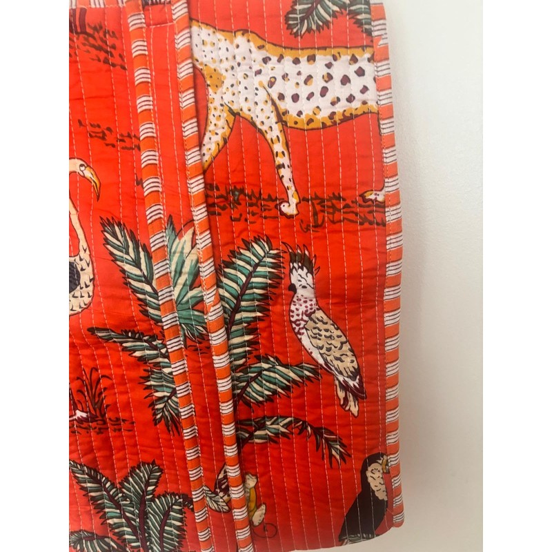 Quilted Cotton Tote Bag, Orange Tropical Safari Print, Striped Handles