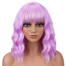 Short Bob Wavy Wig with Bangs, Shoulder‑Length Wigs for Women,Purple