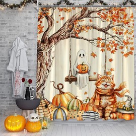 AEMBEE Fall Halloween Shower Curtain Cute Cat with Ghost Thanksging Pumpkins Autumn Cozy Funny Polyester Fabric Bathroom Curtain 70x70 Inch with 12 Hooks,Blue