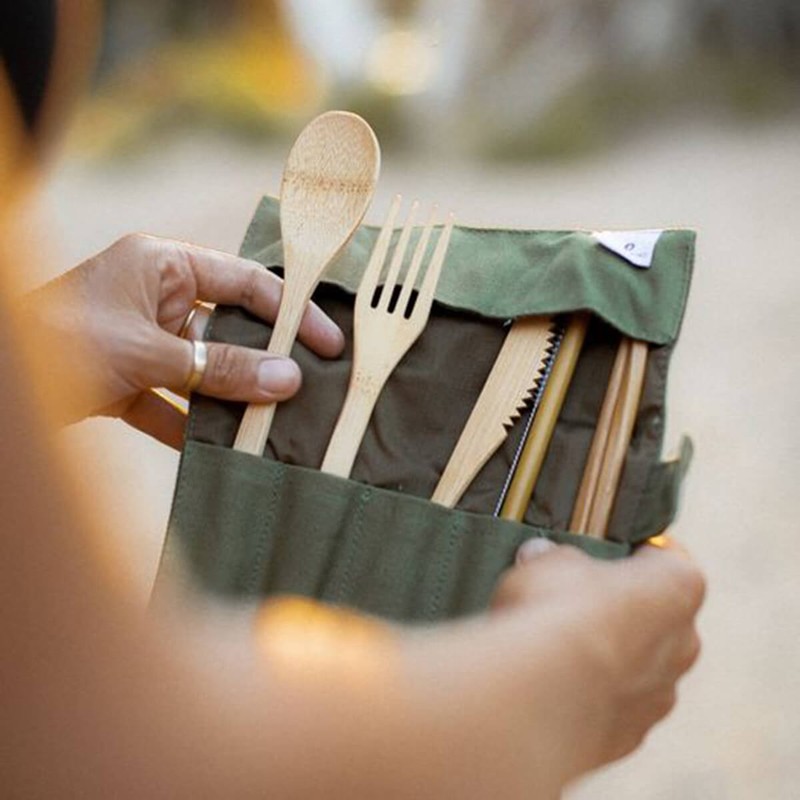 Green + Kind Bamboo Cutlery Roll-Up Set - Olive, 1