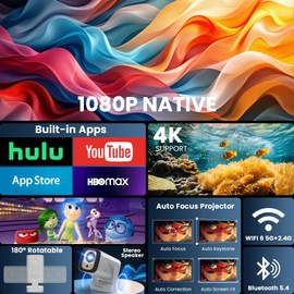 [Auto Focus & 1080P Native & Bulit-in Apps] Projector 4K Auto Correction