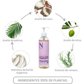 Dr. Natural Jabón de Castilla Líquido para Cuerpo Natural, Orgánico, Sin Sulfatos y Parabenos Shampoo y Jabon Facial Hecho de Plantas, Aceite de Oliva, Coco y Palma, Manteca de Karité y Romero (Lavanda)