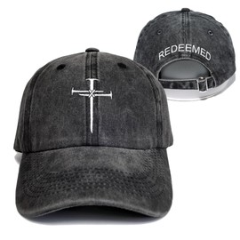 Giavuwn Christian Redeemed Cross Nails Hats for Men Women, Vintage Cotton Embroidered Front & Back Adjustable Baseball Cap Black