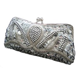 Silver Evening Handbag Beads Sequin Clutch Purse Party Bridal Prom