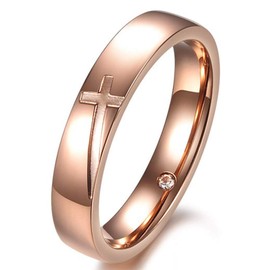 Fashion Month Women 4mm Vintage Stainless Steel Engrave Cross Rose Gold Ring Christian Engagement Wedding Band CZ Inlay, Titanium 316L Stainless Steel, Cubic Zirconia