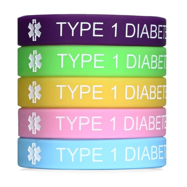 JF.JEWELRY Diabetes Awareness Bracelet | Pre-Engraved Type 1 Diabetes Medical Alert ID Bracelets for Boys and Girls | Eco-friendly Silicone Medical ID Bracelet (Pack of 5)