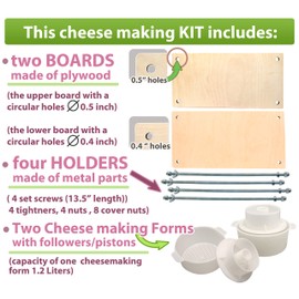Wooden Cheese Press for Cheese Making Supplies 12in Metal Guides 13in and 2 Cheese Mold with Follower Piston 1.3Qt - large Home Supply Ultimate Cheese Press Machine - Prensa Para Queso