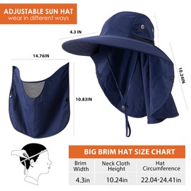 HEEHIPOO Mens Women Fishing Hat UPF 50+ Wide Brim Sun Hat with Face Cover & Neck Flap Navy