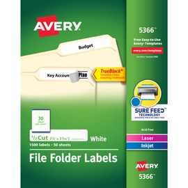 Avery TrueBlock File Folder Labels, 2/3" x 3-7/16", 1,500 Printable Labels, White, Permanent (5366)