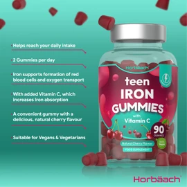 Iron Gummies for Teens | 90 Count | Natural Cherry Flavour | Energy Support Supplement with Vitamin C for Teenagers | 100% Vegan | by Horbaach