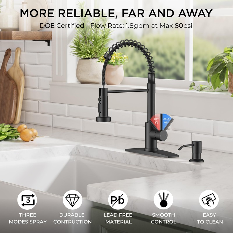 FORIOUS Black Kitchen Faucets with Sprayer, Stainless Steel Sink Faucet