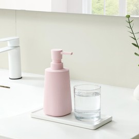 Small Soap Dispenser for Bathroom and Kitchen, Modern Farmhouse Striped Style Plastic Hand Soap Dish Soap Dispenser with Pump Matte Pink for Girls