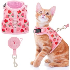 Cat Harness with Leash and Collar for Walking - Escape Proof with Leash - Adjustable Soft Vest Harnesses for Medium Large Cats (Strawberry, M)